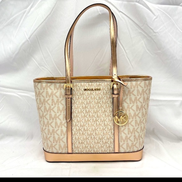 Michael Kors Jet Set Travel Zip Metallic Logo Shoulder Tote Bag Rose Gold NWT - Picture 1 of 14